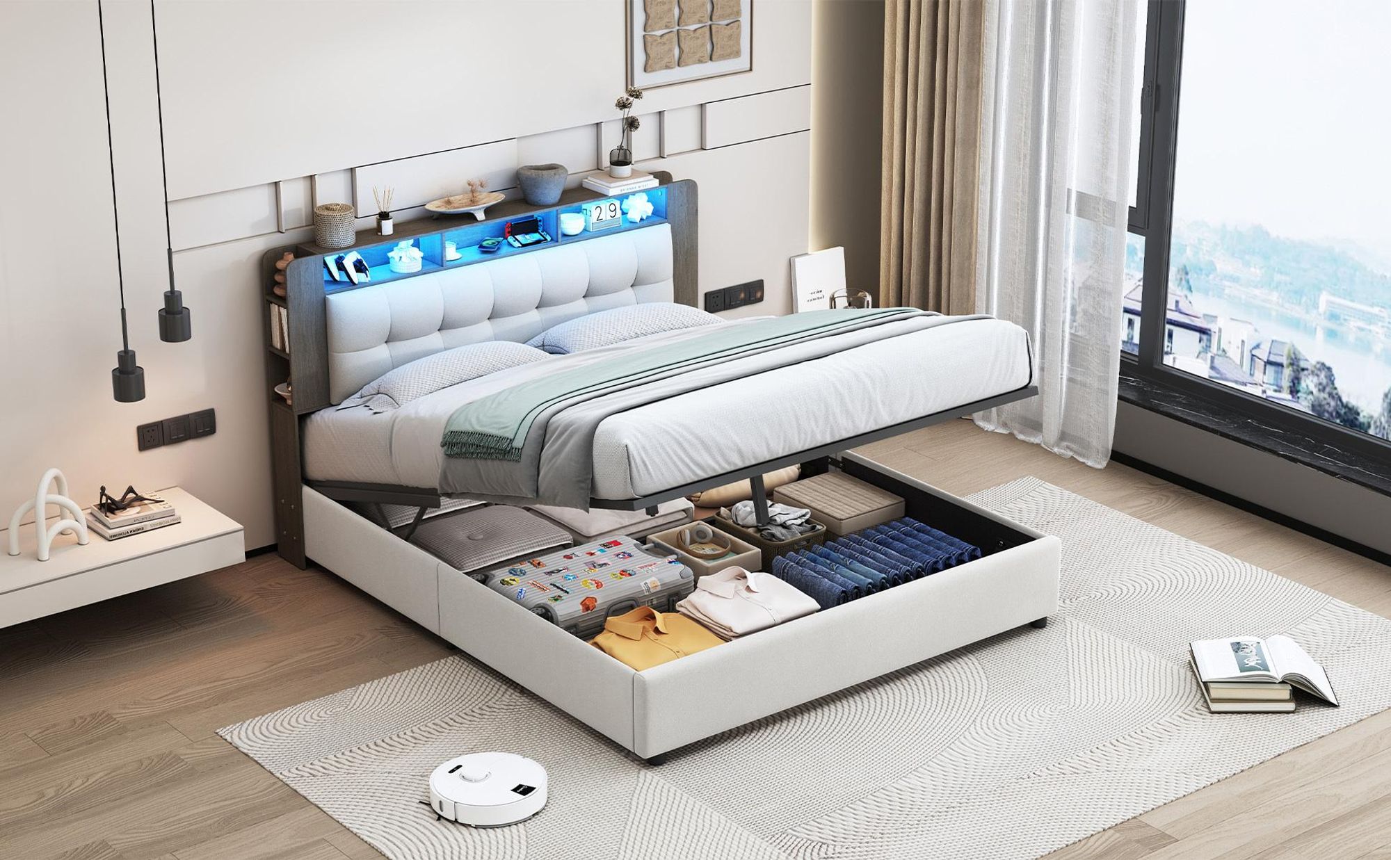 INONEFT Boxspringbett 140×200 mit LED und Kabelloses Laden,Polsterbett,Hydraulische Stauraumbett Jugendbett mit Lattenrost und Bettkasten, Samt,Beige.
