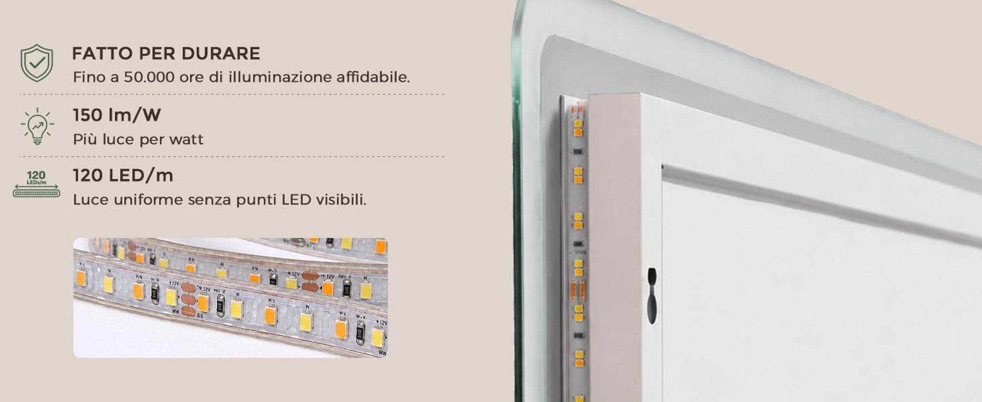 S'AFIELINA Specchio bagno LED con Bluetooth 5.3, 120 × 60 cm,Specchio ingranditore 3×, antiappannamento, 3 colori, dimmerabile, touch & memoria