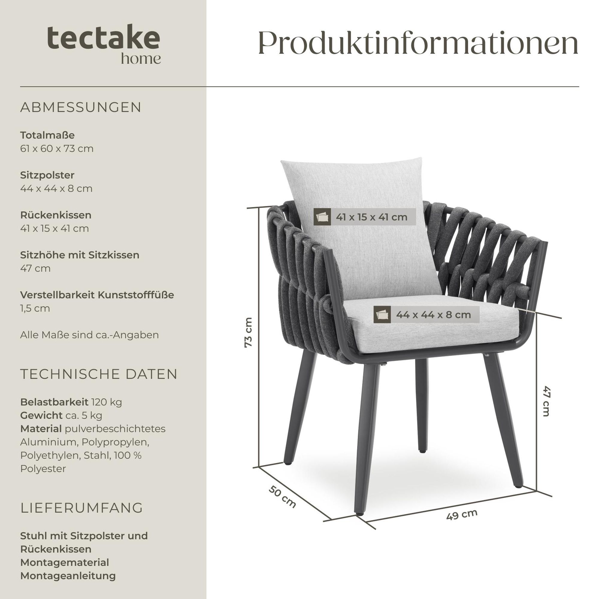 tectake® Stuhl Lugano im Rope-Design mit Aluminiumgestell