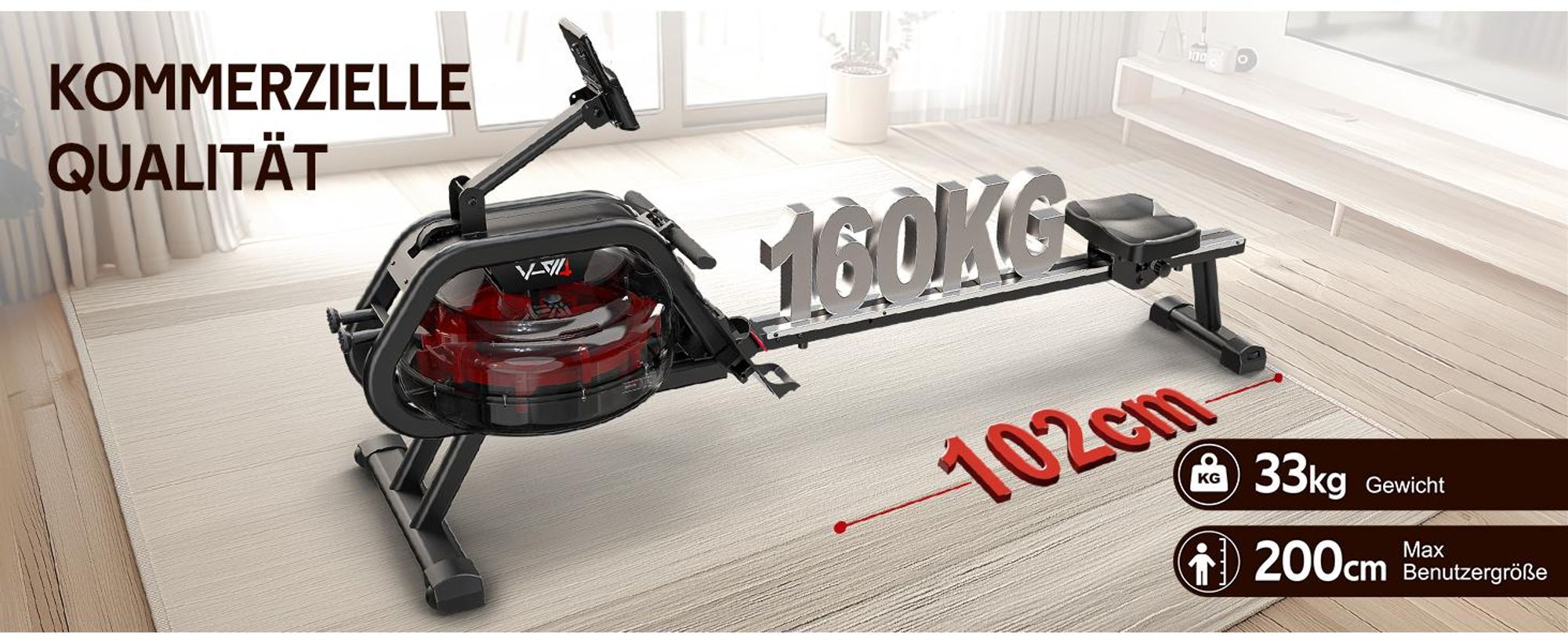 VOWVIT Wasser-Rudergerät mit Bluetooth, leise, 6 Stufen, 160 kg, 3 Rollen, Tank, bis 210 cm