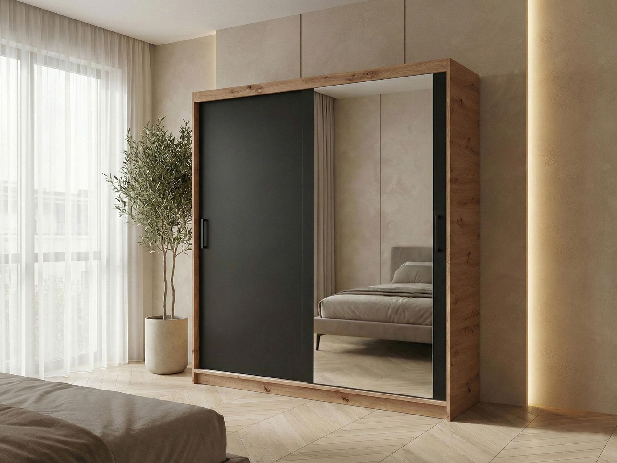BEAUTYSOFA | Skříň s posuvnými dveřmi HELA 180 cm, dub Artisan + černá – 2dveřová Moderní skříň se zrcadlem a posuvnými dveřmi