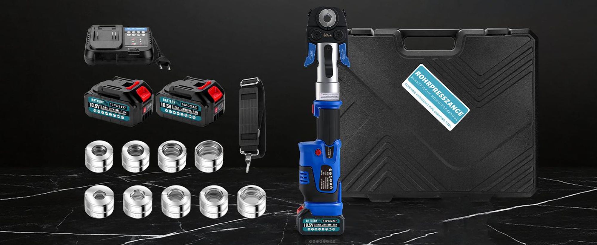 60kN Akku Presszange Verbundrohr Set mit TH + V-Kontur (TH16 20 26 32 und V12 15 18 22 28) Elektrisches Presszange Kupferrohr incl 2 * 5 Ah Akkus LCD