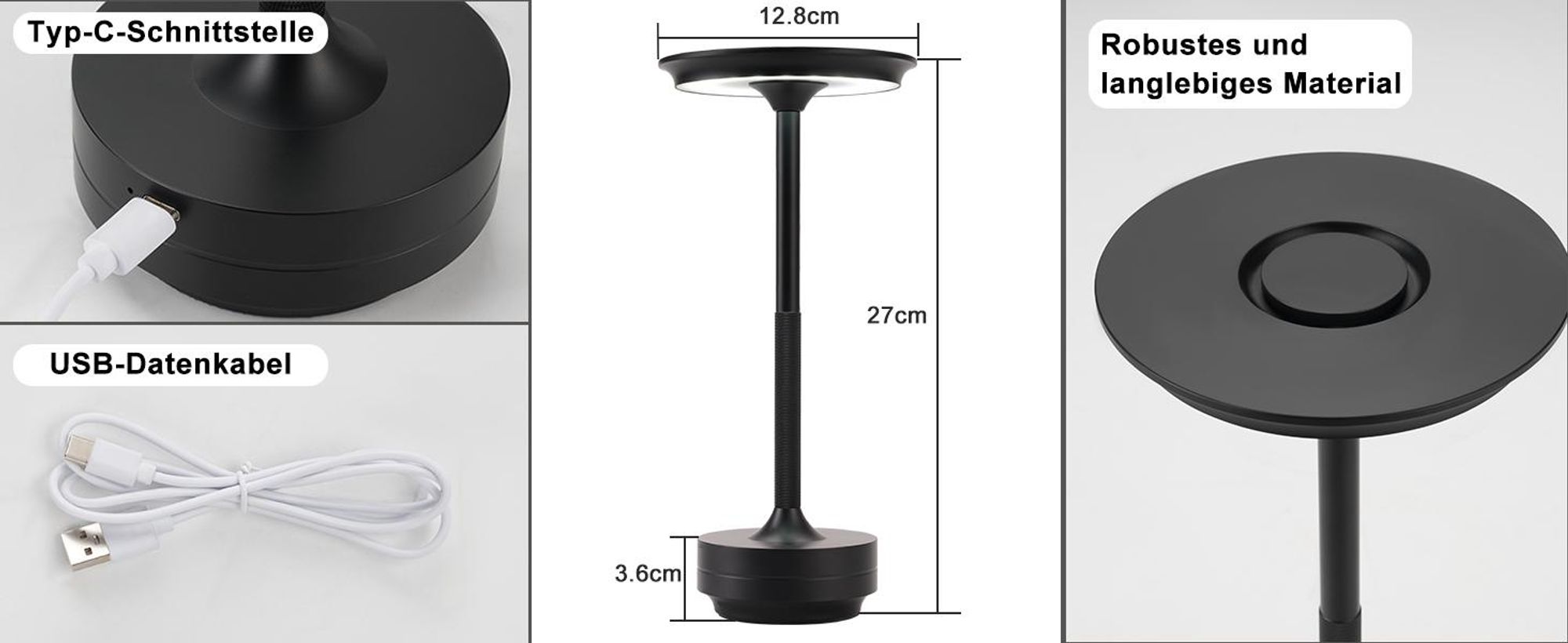 ZMH Tischlampe Kabellos Nachttischlampe Akku LED Tischleuchte Touch Dimmbar Lampe mit USB Aufladbar Schwarz Batterie Tischlampen für Modern Fensterbank Wohnzimmer Kinderzimmer Schlafzimmer
