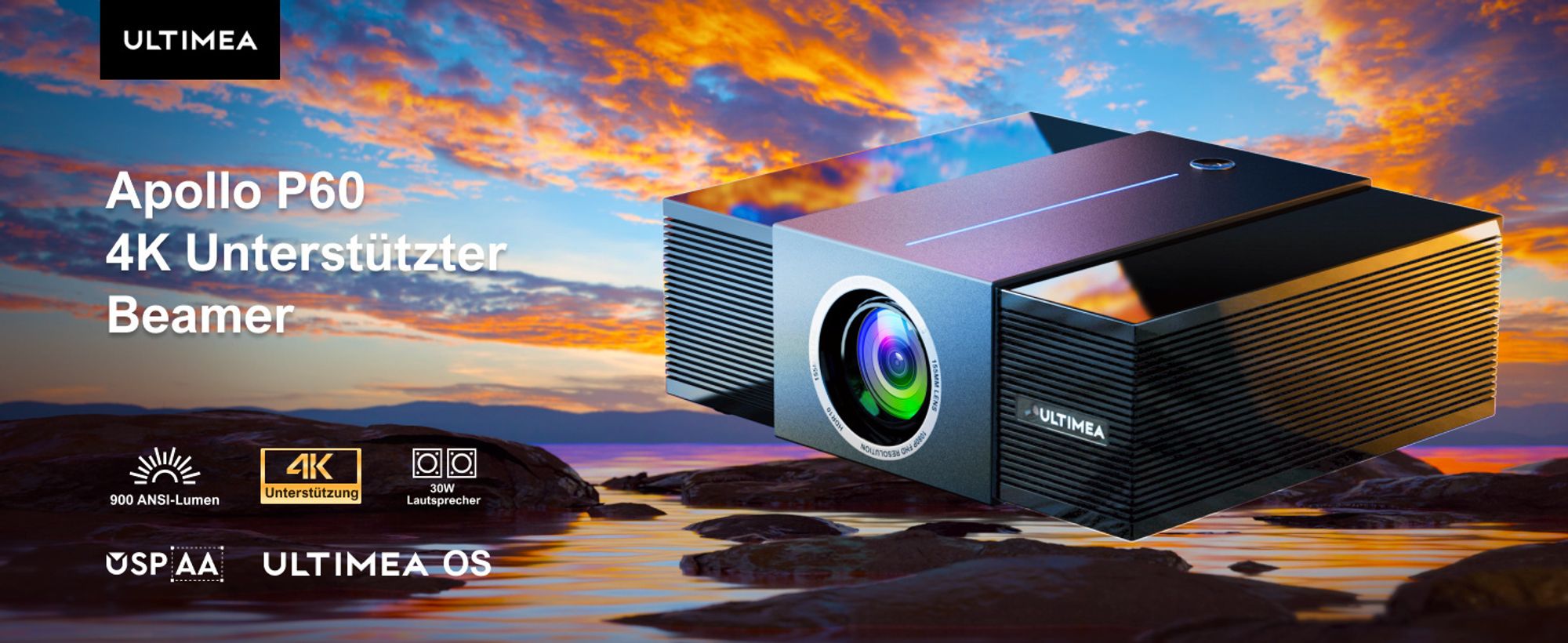 ULTIMEA Beamer 4K Heimkino Unterstützt 900 ANSI-Lumen mit Hindernisvermeidung und 6D Trapezkorrektur, Native 1080P Projektor, Apollo P60
