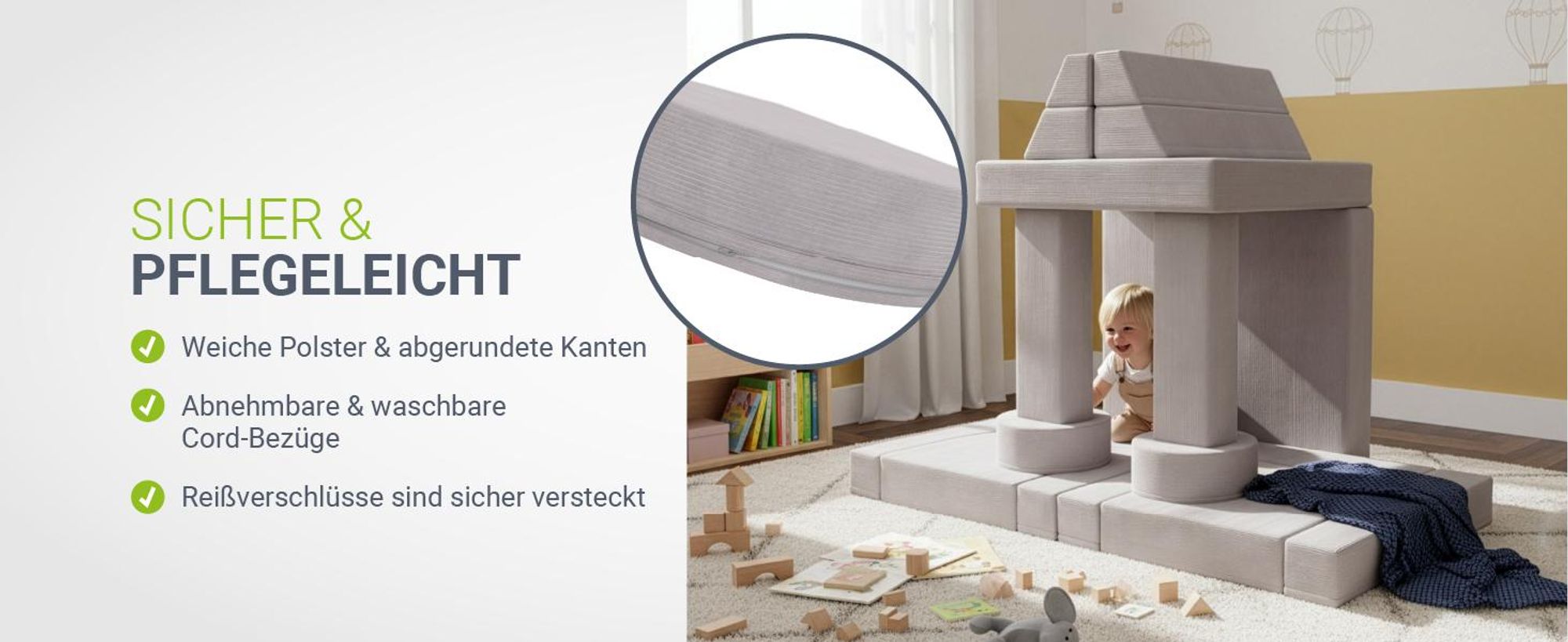 Juskys Kinder Spielsofa Kayo – Cord, modular & pflegeleicht – Beige