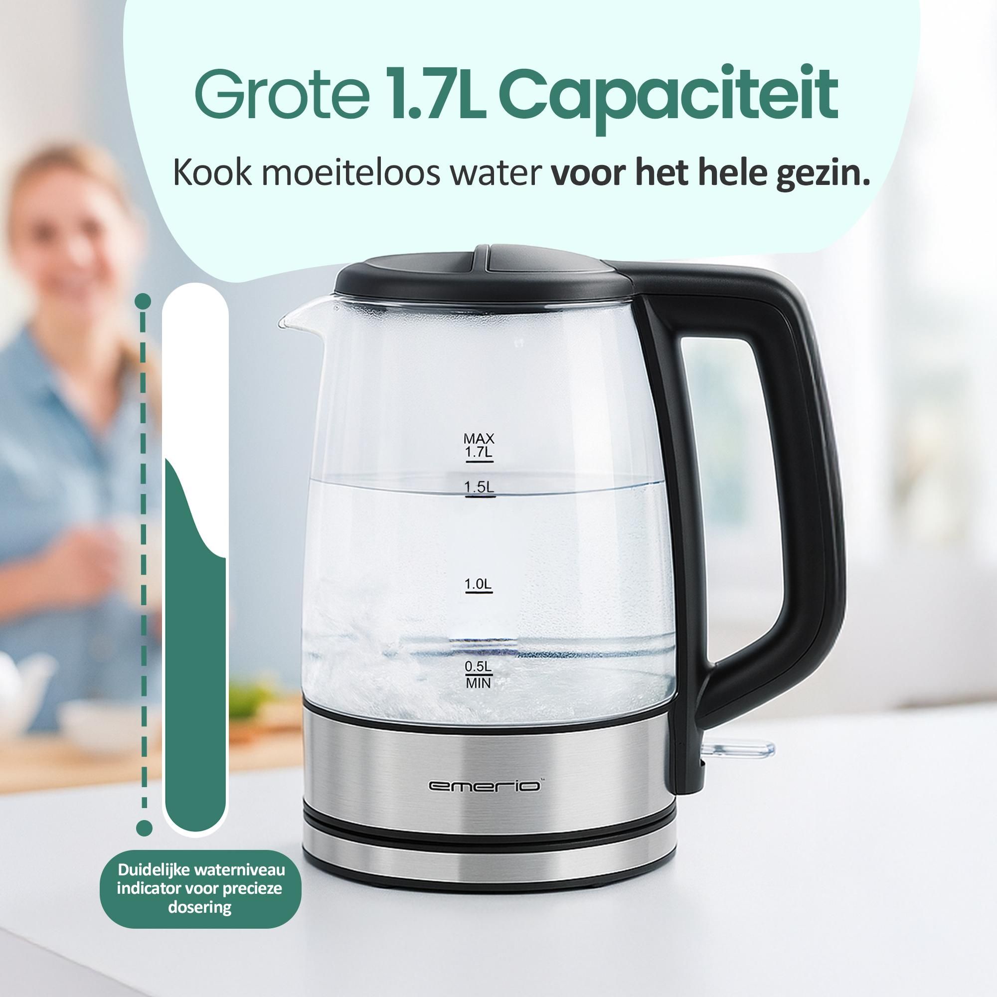Emerio Waterkoker WK-130126 – 1,7 Liter – 2200 W – LED-verlichting – Oververhittingsbeveiliging – Waterniveau-indicator – RVS/Glas