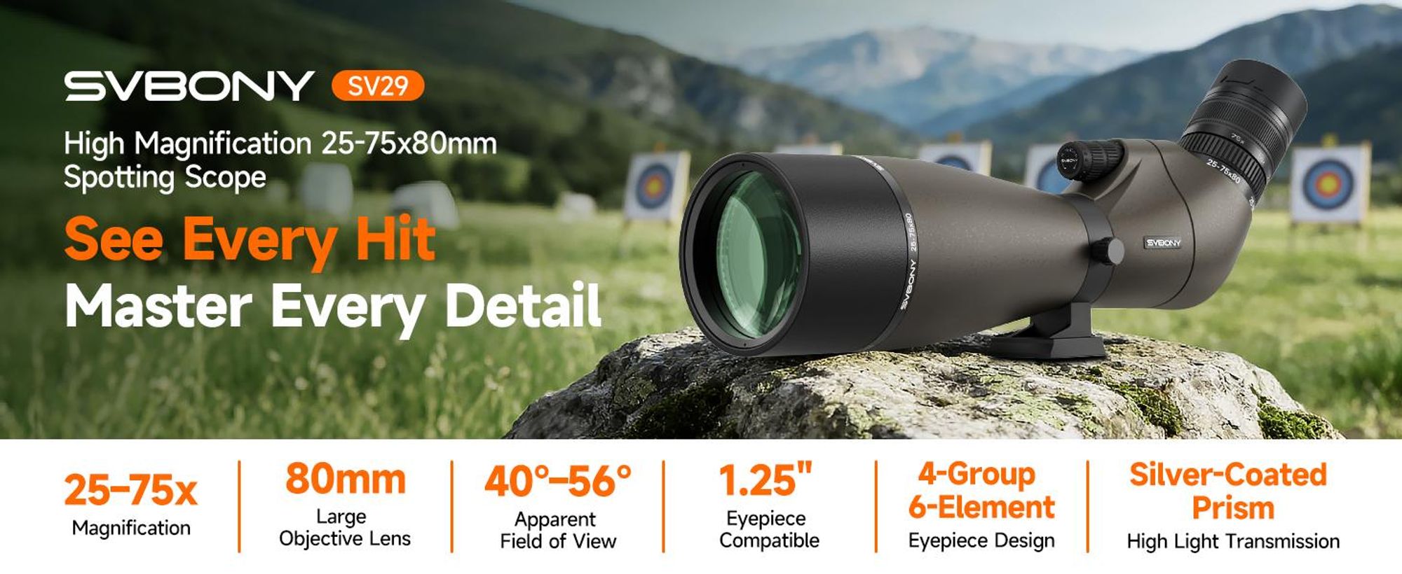 Svbony SV29 Spektiv, 25-75×80mm, 4-Glas 6-Linsen, mit Handyhalterung, verbesserte Version des SV13, für Sportschützen, Vogelbeobachtung