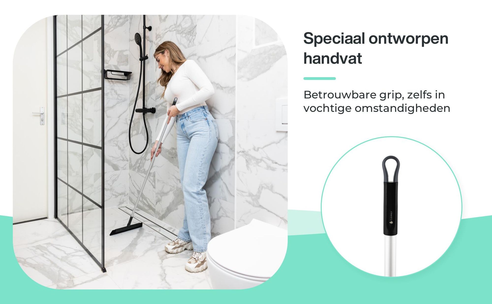 Vrouw gebruikt de vloertrekker met ergonomische handgreep in de badkamer