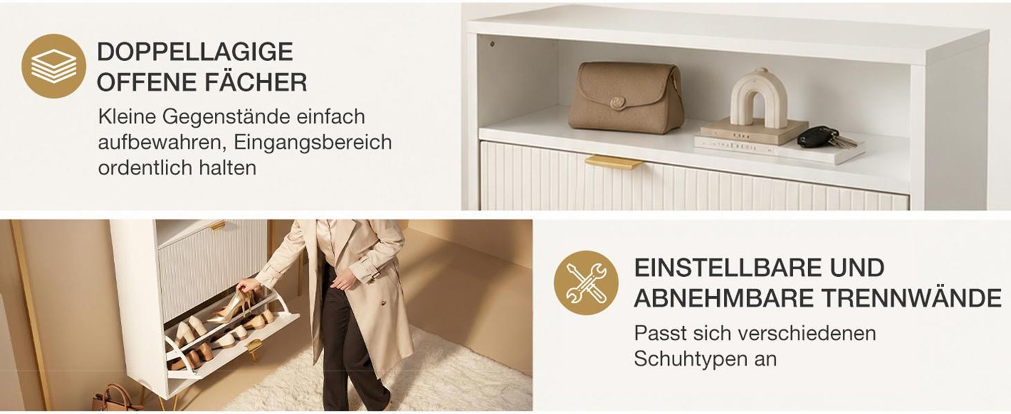 Schuhschrank schmal Holz, Schuhkipper Weiß, 2 Klappen, 101x60x26cm Stabiles Metallgestell und viel Stauraum für Flur und Eingangsbereich