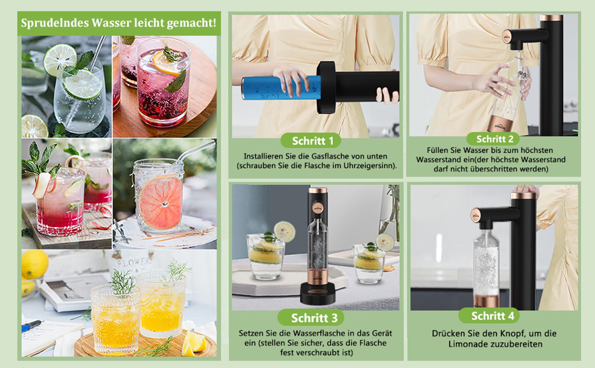 HOMELUX Wassersprudler, Sprudelwasser Maschine Mit 2 x 1L PET-Flaschen Bpa-Frei, Soda Maker, Wasser Sprudel GeräT, Water Carbonator, Schwarz