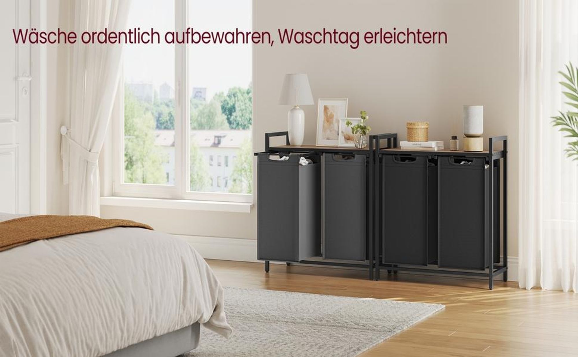 VASAGLE Wäschekorb 2 Fächer, mit Ablage, ausziehbar abnehmbar, 2 x 46 L