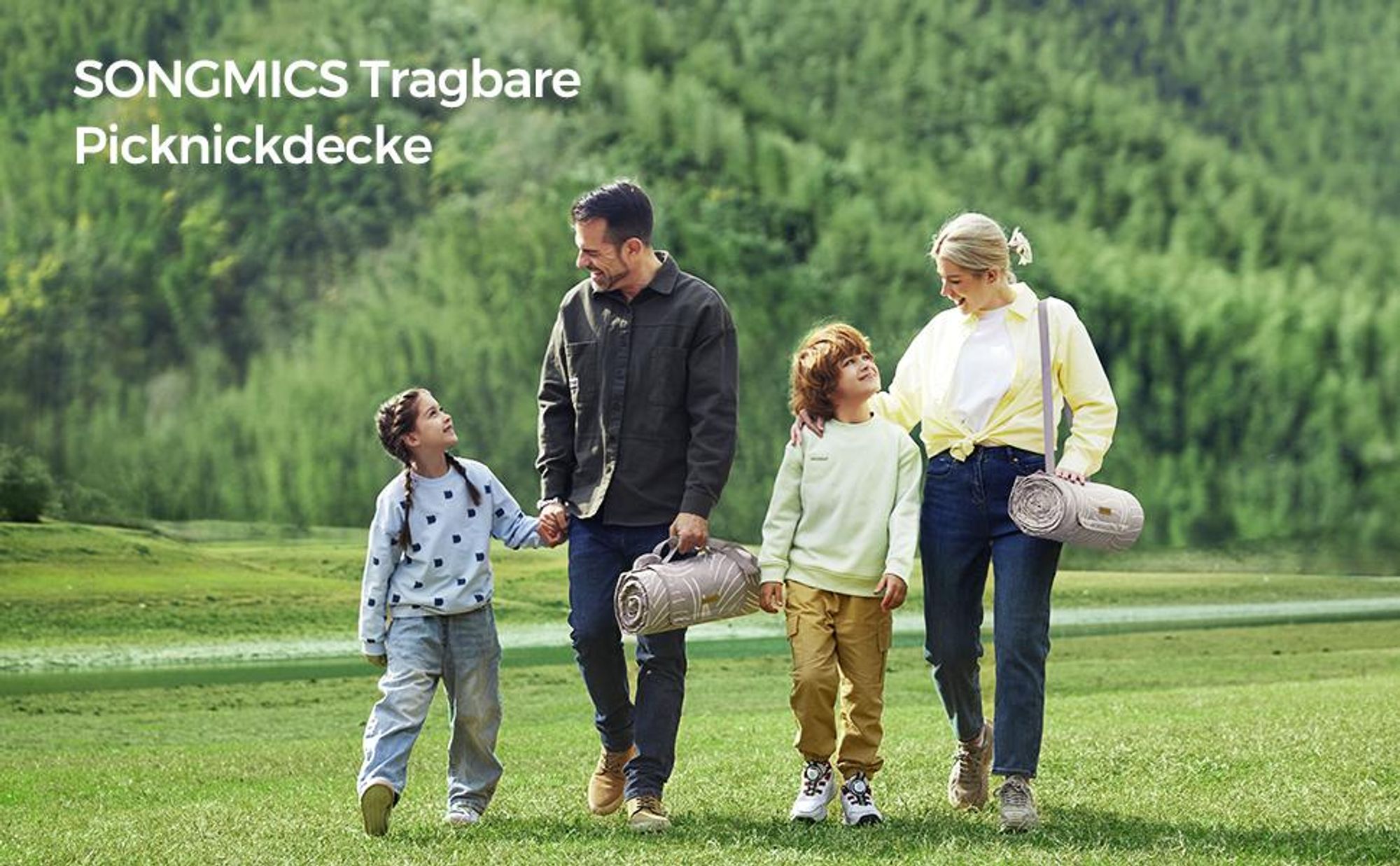 SONGMICS Picknickdecke, 200 x 200 cm, mit 4 Erdankern, maschinenwaschbar, khaki mit tropischem Farn