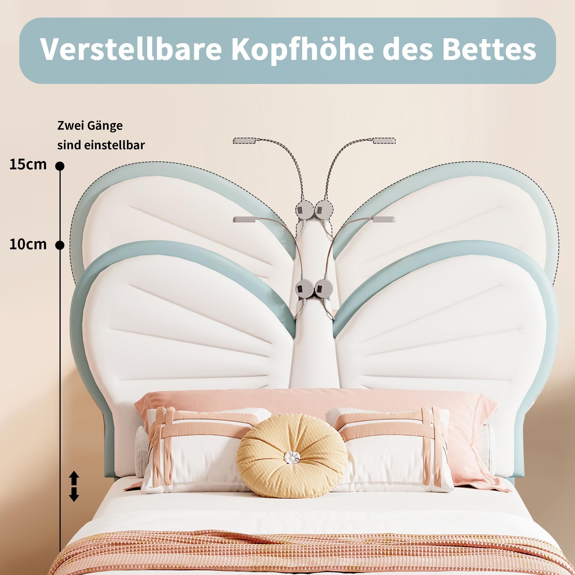 Kinderbett Polsterbett 90x200cm, Einzelbett Bettgestell mit LED-Leselampe, verstellbarem Kopfteil, Jugendbett für Jungen & Mädchen, Samt, ohne Matratze, Blau