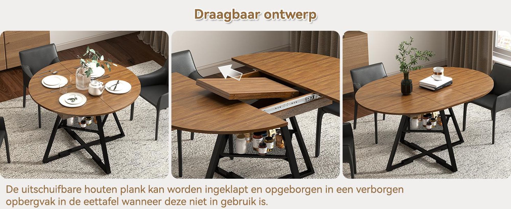 Puluomis Uitschuifbare eettafel met opbergruimte, 100-130 cm, geschikt voor 2-6 personen, met verborgen vakken en open planken, draagvermogen van 120 kg, ideaal voor woonkamer of eetkamer