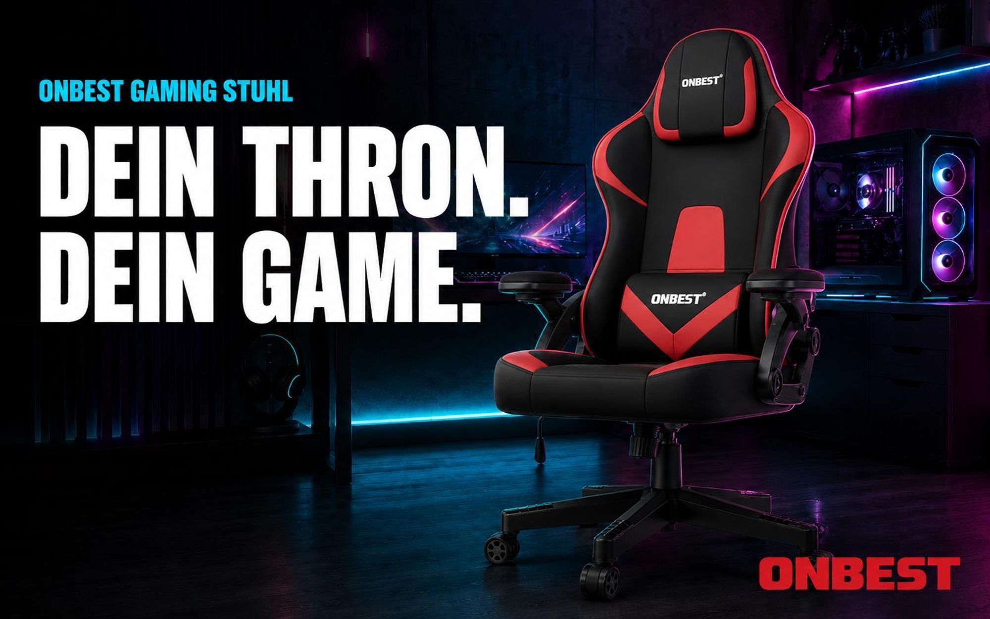 ONBEST Gaming Stuhl | Ergonomisch | mit Lordosenkissen | 150 kg | 360° | verstellbare Armlehnen Kopfstütze Rückenlehne