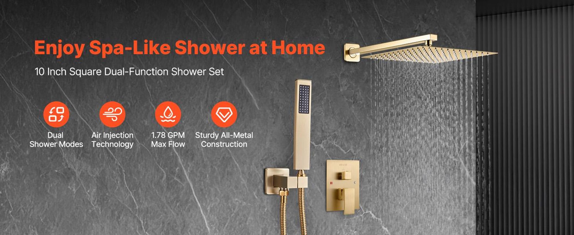 VEVOR Duscharmatur Regenduschsystem fürs Badezimmer Duschsystem mit 254 mm quadr