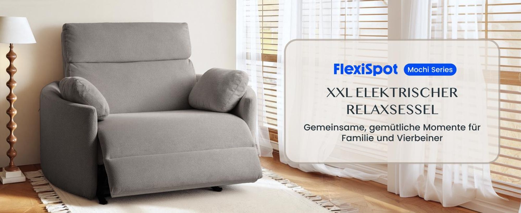 FLEXISPOT Mochi Pro Zero-Wall XXL Elektrischer Relaxsessel, 1,5-Sitzer mit 138 cm Sitzbreite, Fernsehsessel für Große&Schwere, Klemmschutz&USB-C, Grau