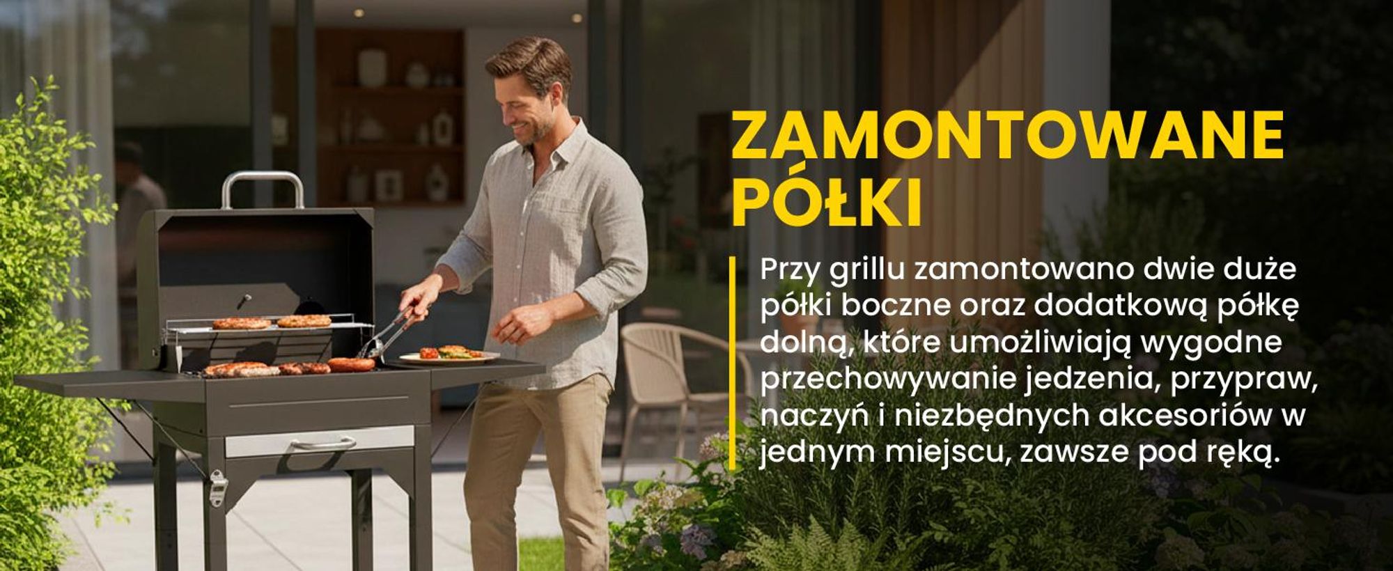 Duży grill węglowy z pokrywą, kominem i termometrem do ogrodu