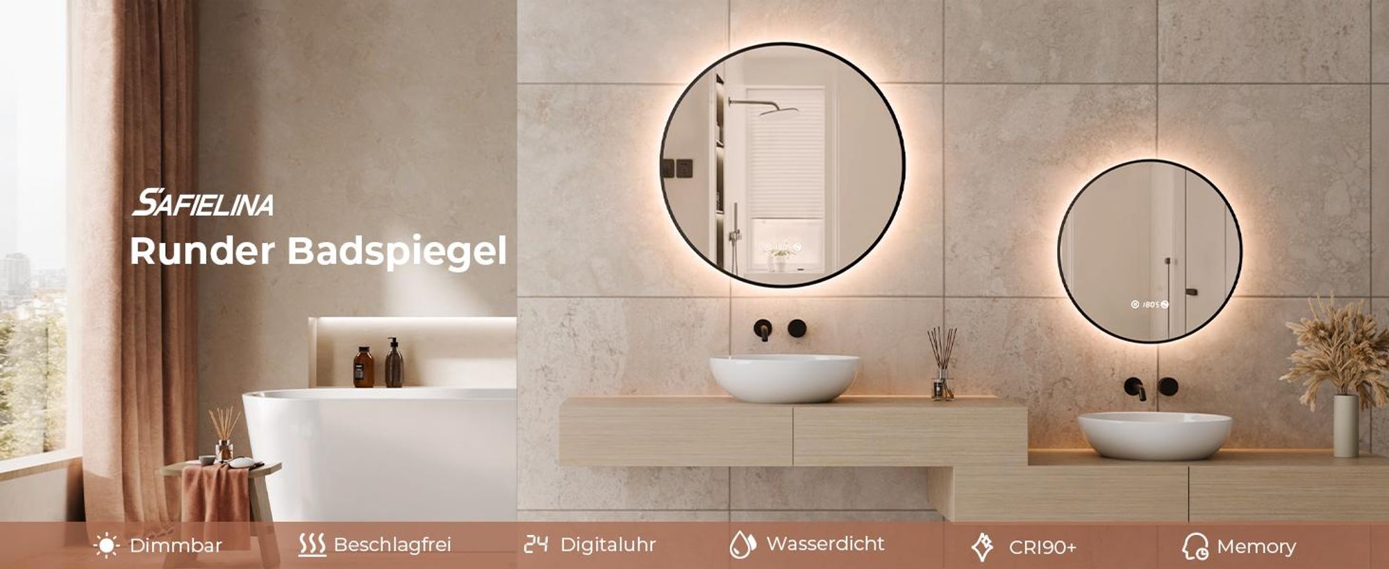 S'AFIELINA Badspiegel mit Beleuchtung Rund 60 cm Diameter,LED Badspiegel mit Touch, Beschlagfrei, Dimmbar, Uhr, Temperatur, Speicherfunktion,Schwarzer