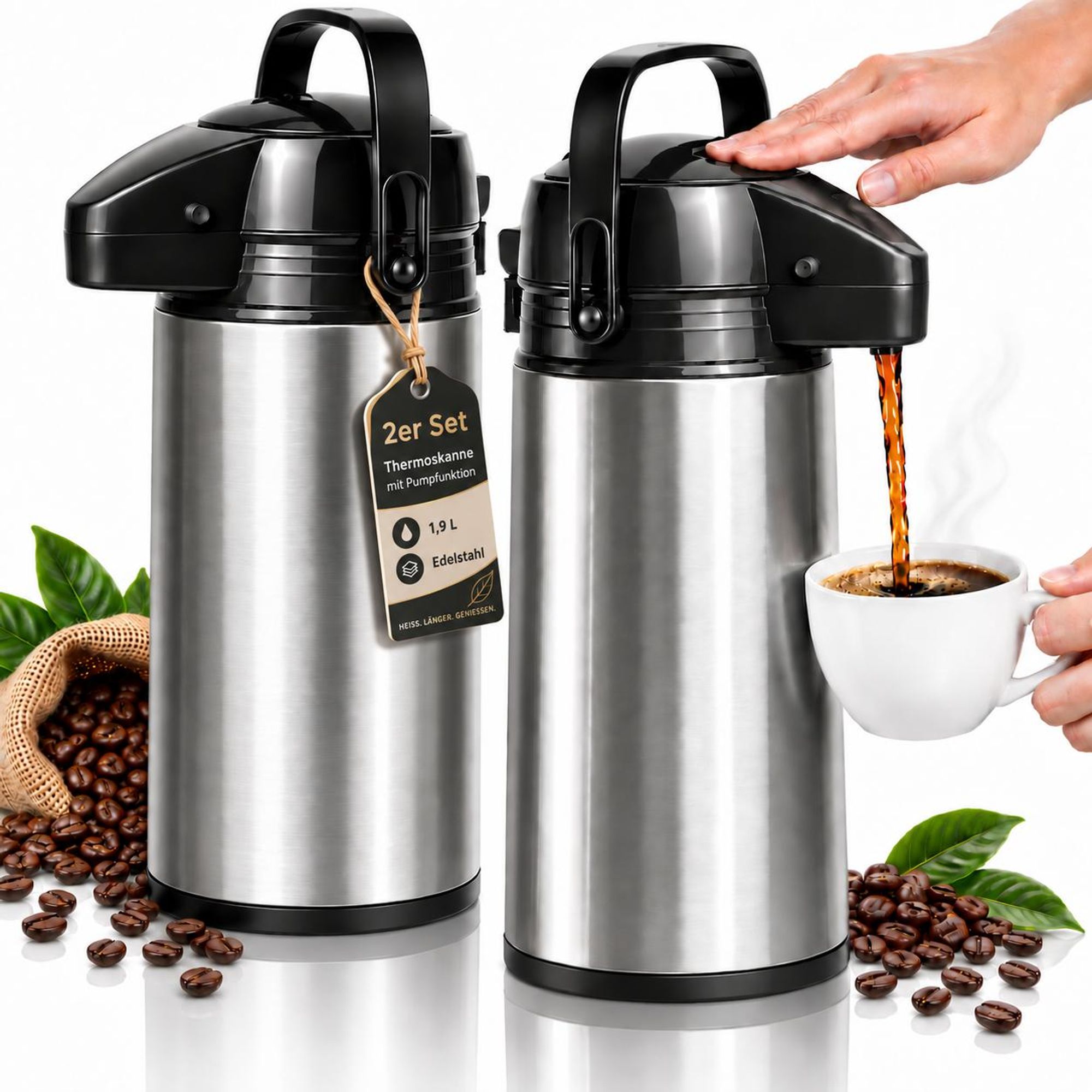 2er Set Thermoskanne 1,9 L mit Pumpfunktion – Edelstahl Airpot mit Glaseinsatz, Druckknopf, bis 6 Std. warm, Silber/Schwarz