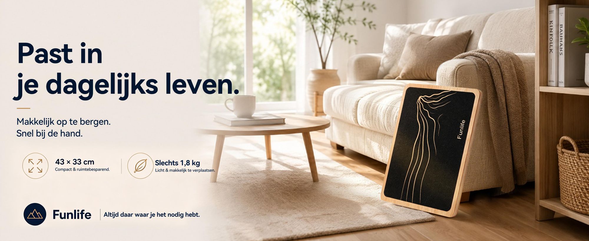 FunLife houten balansbord, wiegplank voor evenwicht en coördinatie, geschikt voor thuiswerken, antislip, 43 x 33 cm, belastbaar tot 159 kg