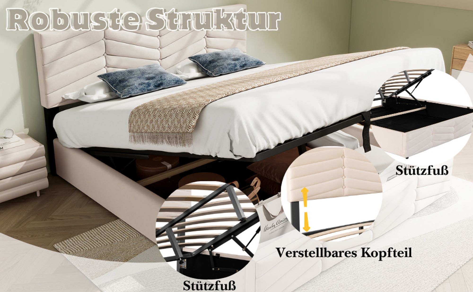 okwish Polsterbett Stauraumbett 140×200 cm mit Bettkasten, Doppelbett mit Lattenrost und höhenverstellbarem Kopfteil, Samt Beige,Ohne Matratze