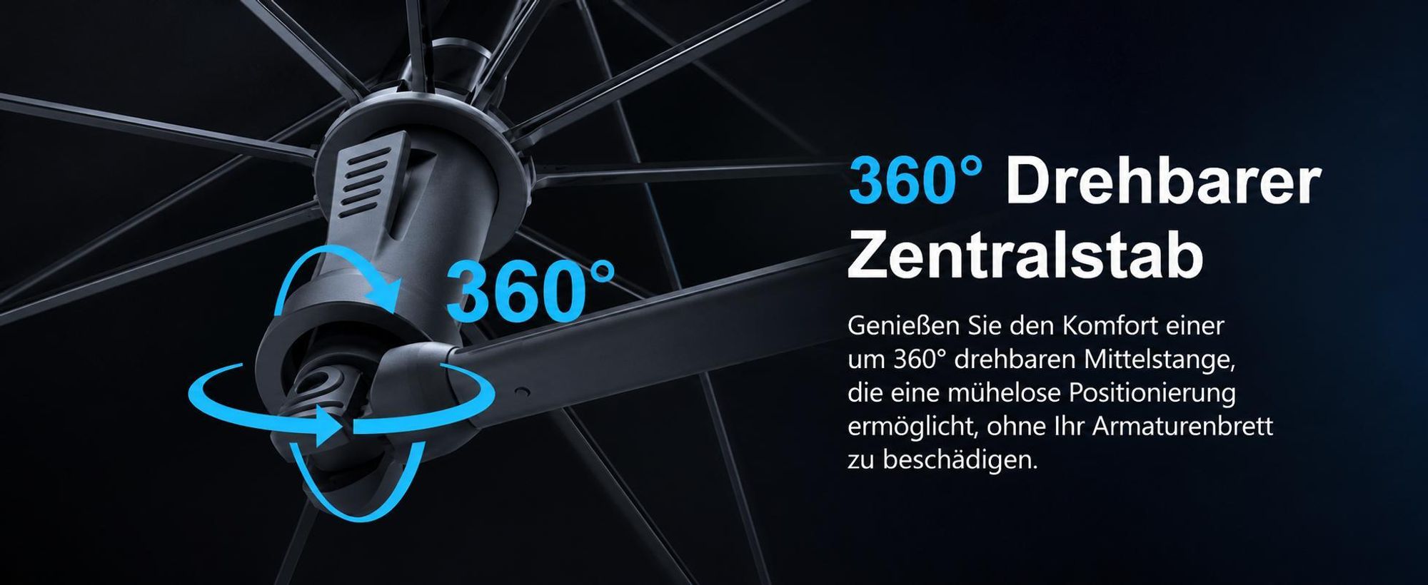 Auto Sonnenschutz Frontscheibe, 360°Drehbar, Sonnenschutz mit UV-Schutz, Sonnenschirm mit Verstellbarer Stange, für die meisten Autos SUVs, 140 x 80cm