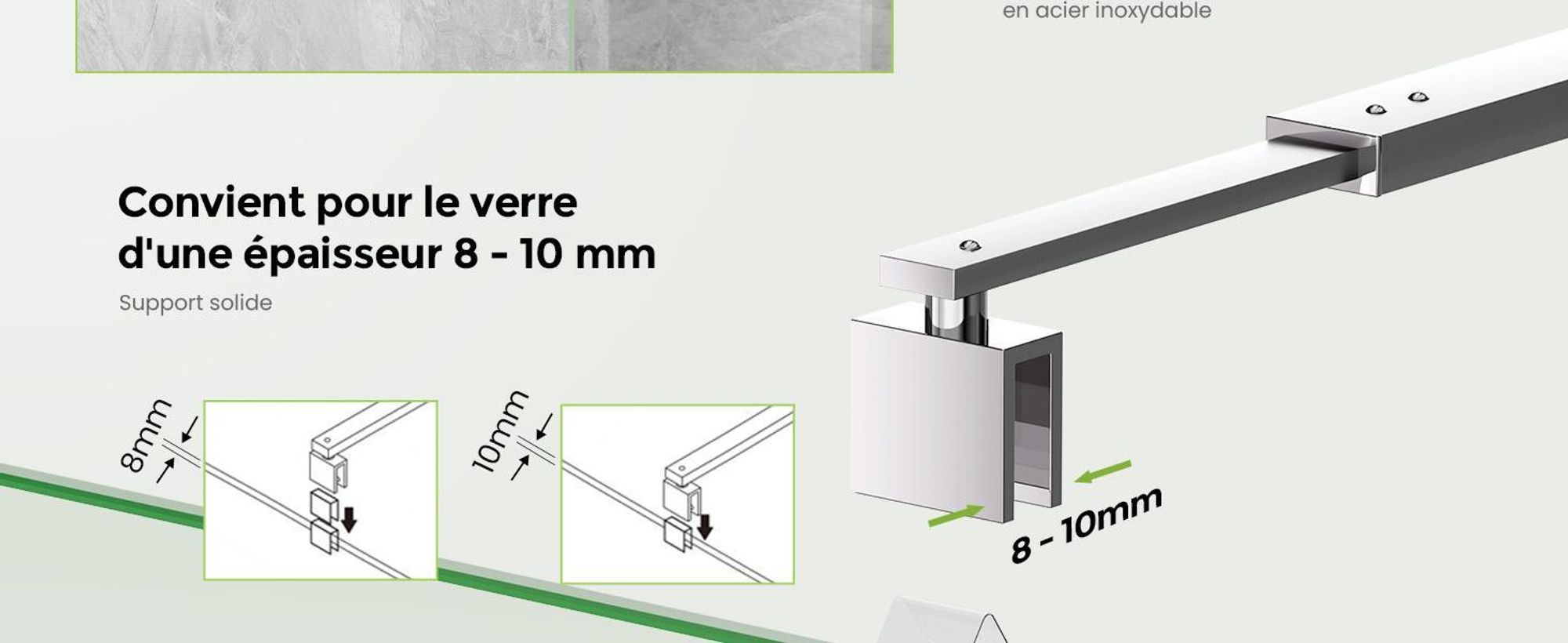S'AFIELINA barre de support pour paroi de douche 700-1200 mm, inox, stabilisateur de mur à verre pour verre de 8/10 mm, porte de douche ou paroi latérale fixe, 2 pièces