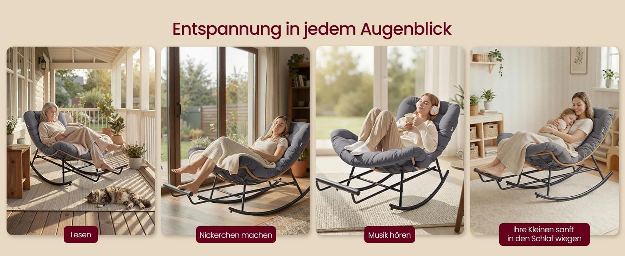 VASAGLE Relaxsessel mit ausziehbarer Fußstütze, Schaukelsessel, abnehmbares Kissen, Stahlgestell, bis 136 kg, grau