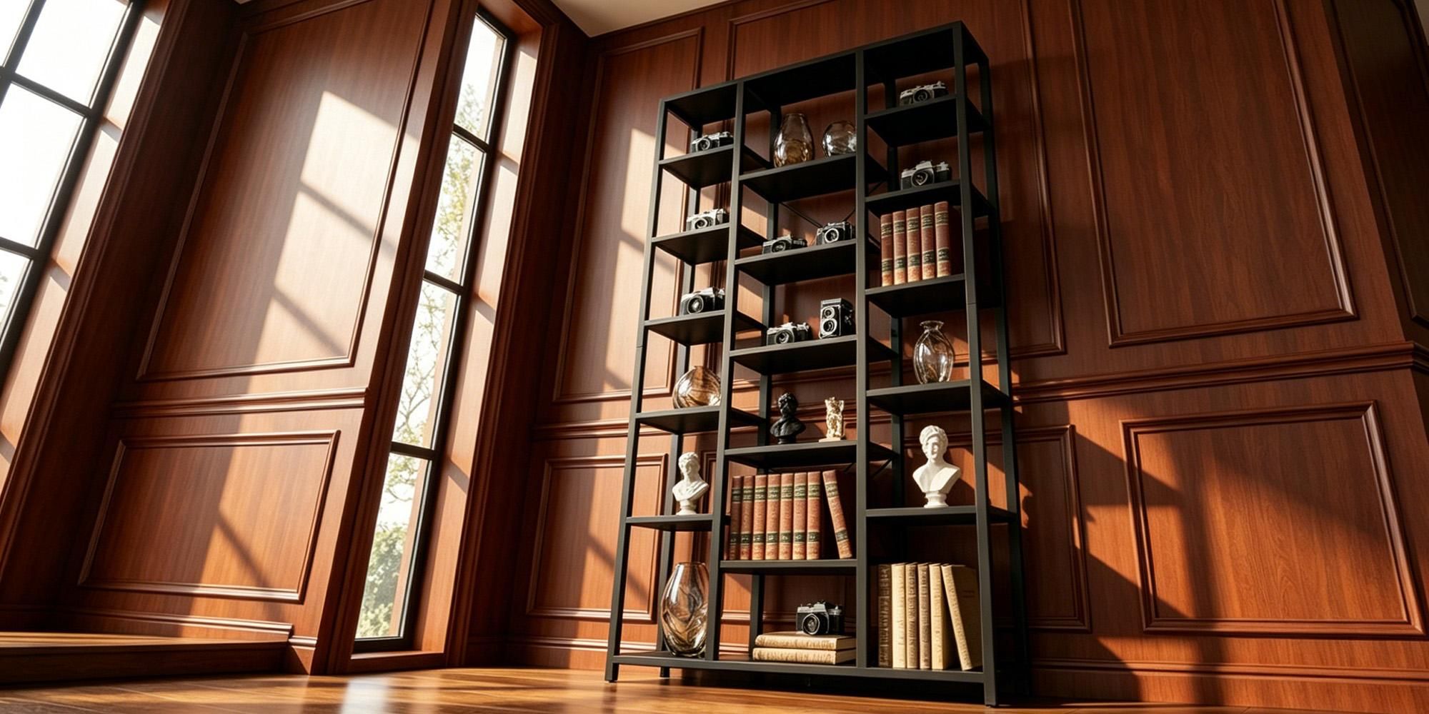 Standregal, Bücherregal 202 cm, 7 Ebenen, Schwarz mit Holzmaserung | 30 x 100 x 202 cm, 18 offene Fächer, für Wohnzimmer Büro Schlafzimmer