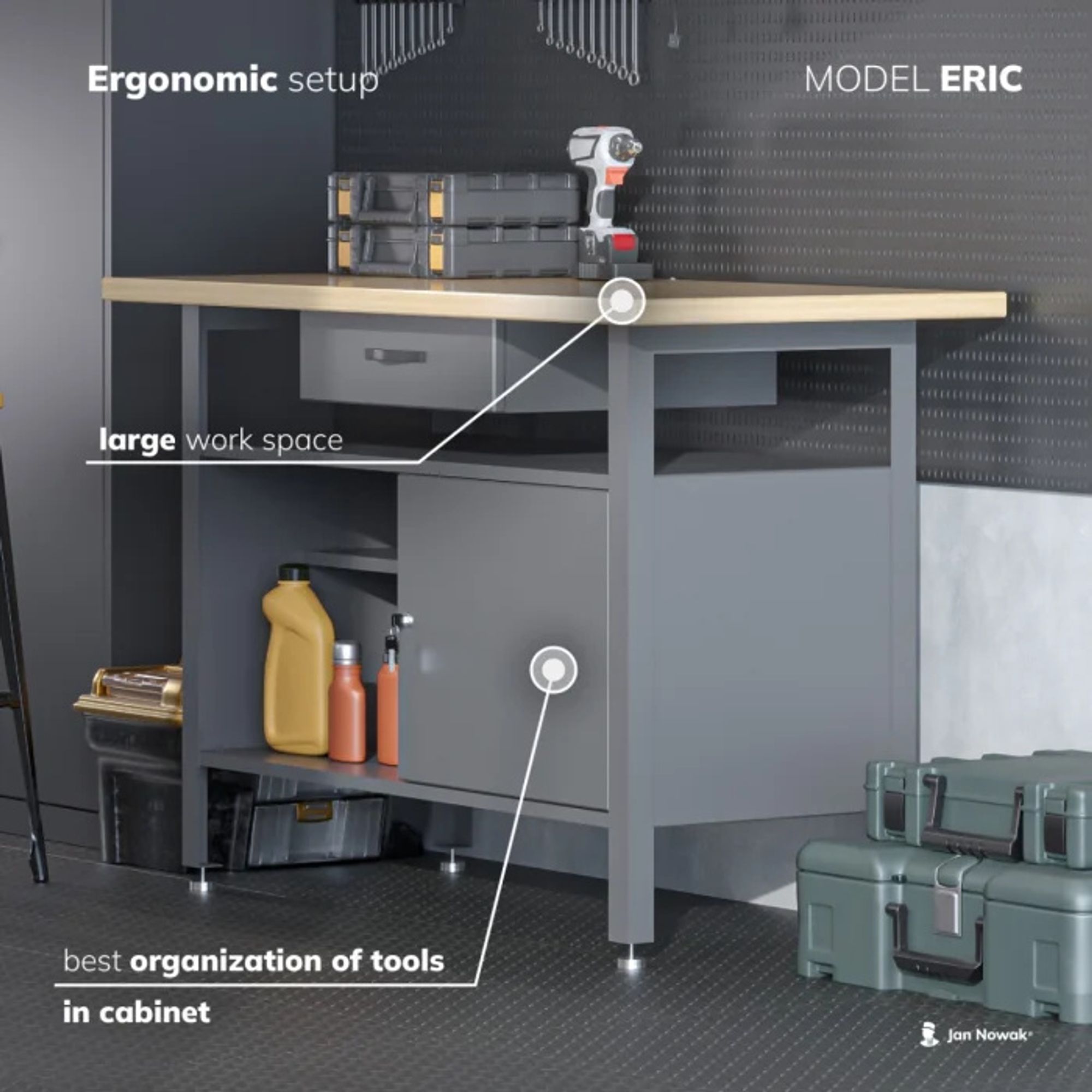 Werkbank mit Arbeitsplatte Werktisch mit Schublade Abschließbares Fach Verstellbare Füße Belastbar bis 400 kg Metall 120 cm x 60 cm x 85 cm Farbe: Anthrazit-Rot