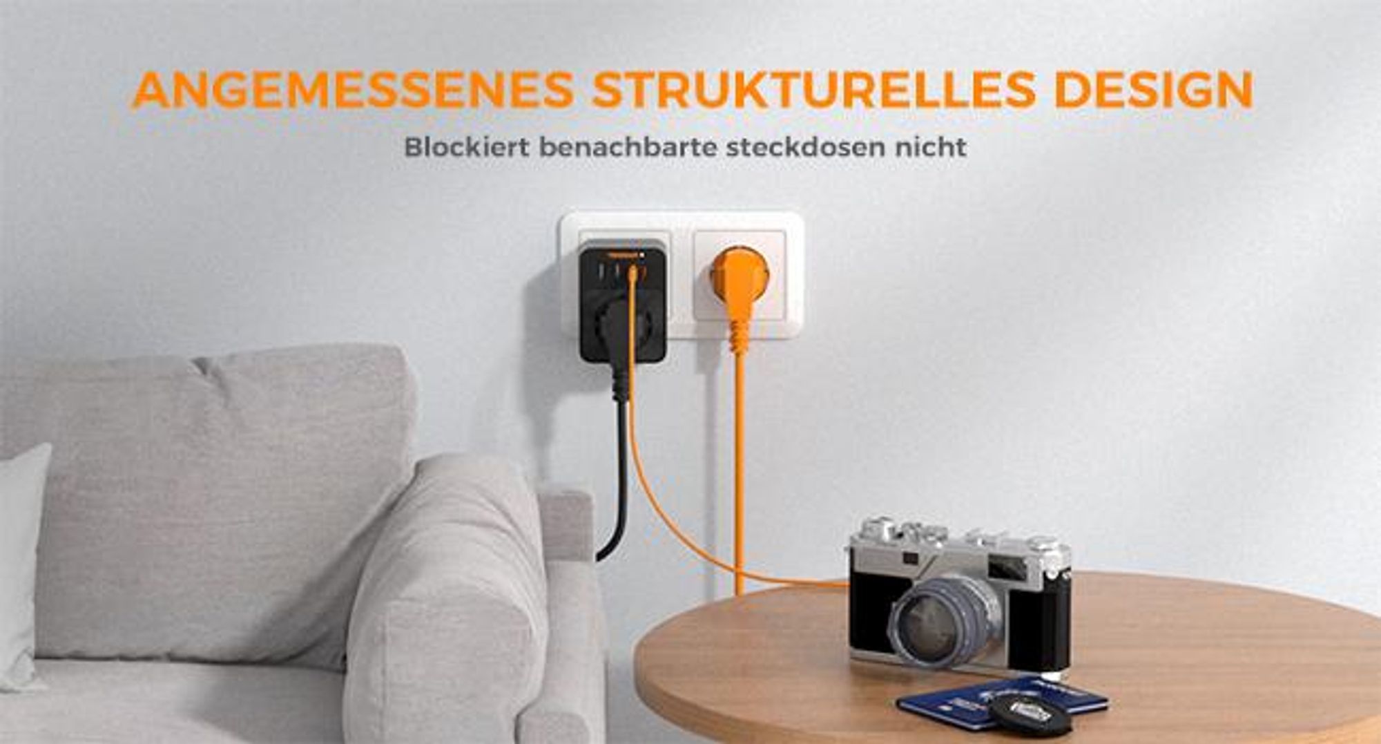 TESSAN Steckdose Schutzadapter 3600W mit 2 USB-C und 2 USB-A für Heimoffice kompakter Mehrfachadapter Stecker Schwarz