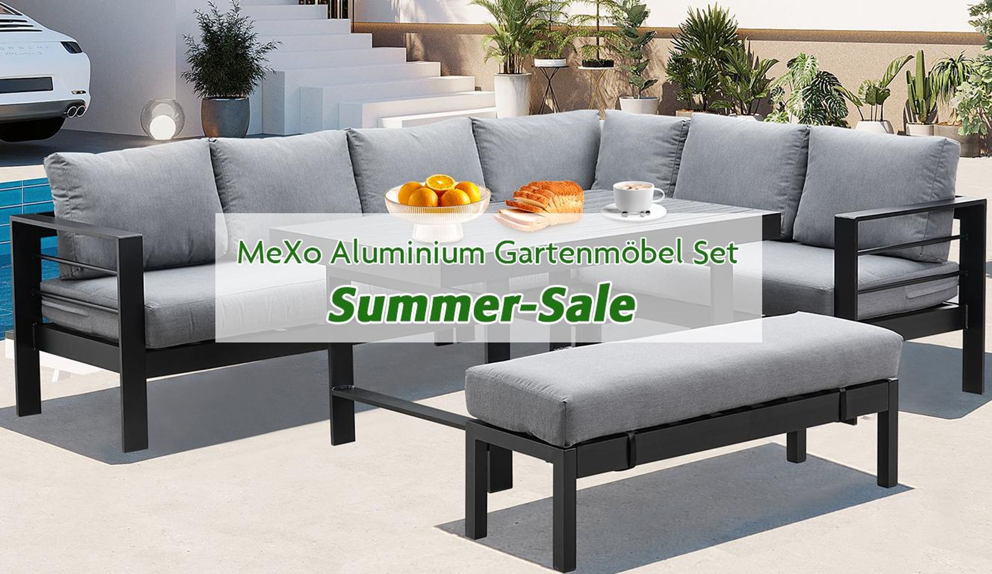 MEXO Gartenmöbel Set Aluminium 8 Personen, Modulares Gartenlounge-Set Gartensofas Ecklounge mit groß Tisch & Gartenbank, Wetterfest Outdoor-Loungesofa