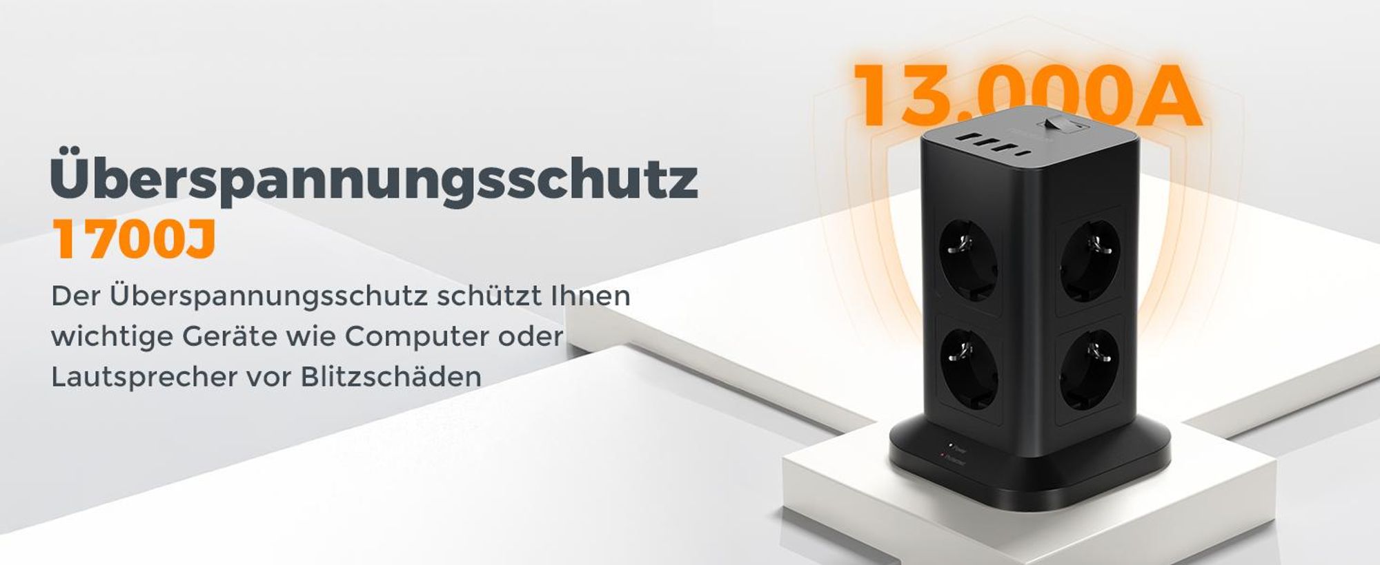 TESSAN 8 Fach Mehrfachsteckdose mit 1 USB C 3 USB A Verlängerungskabel 2M für Zuhause 3600W