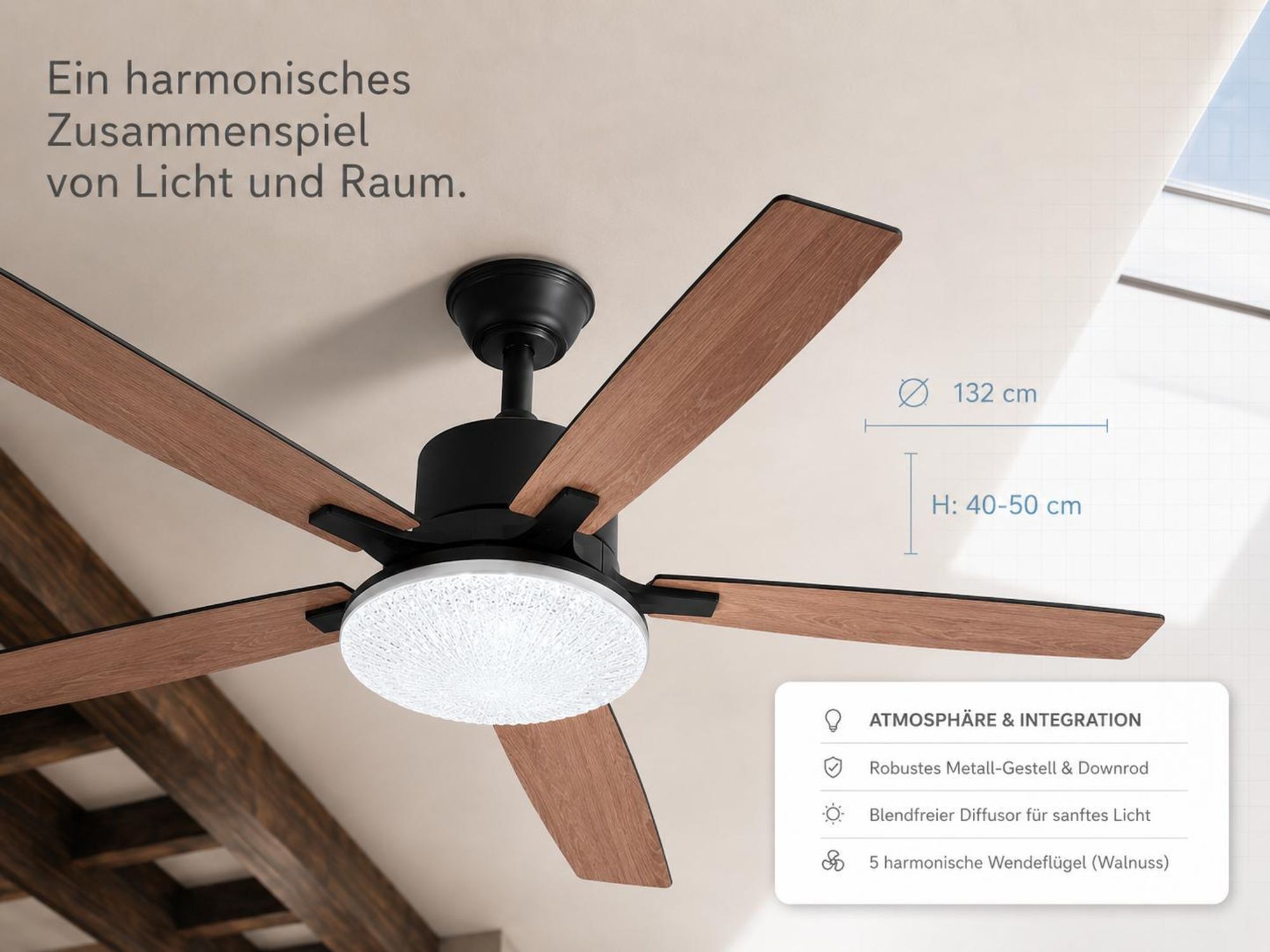 132 cm Deckenventilator mit Beleuchtung Holzoptik Ventilator Decke mit Licht Dimmbar 6 Stufen Leise Deckenlüfter Lüfter Lampe Wohnzimmer Schlafzimmer