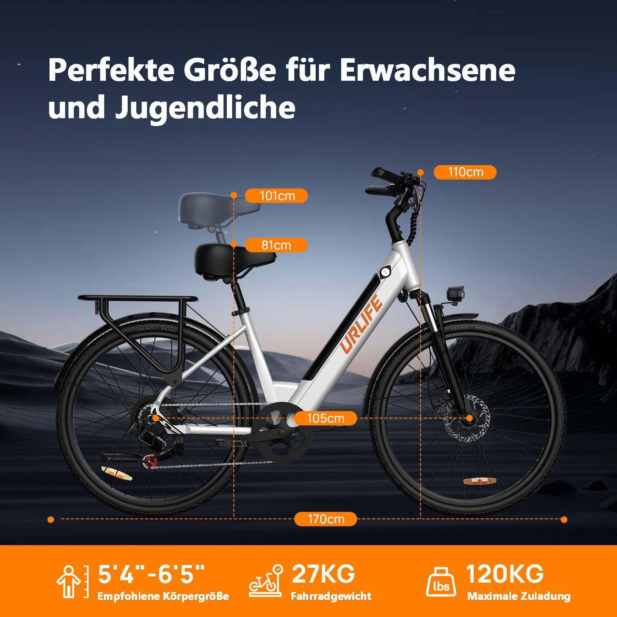Elektrisches Bike URLIFE E26- 250W Motor 48V10.4Ah Akku 26 Zoll Reifen Scheibenbremsen - Weiß
