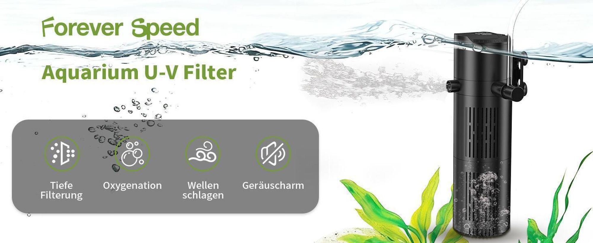 Forever Speed Aquarium Filter mit UVC Klärer Aquarium Innenfilter 6W, 5-in-1 Nano Aquariumfilter für 40L-150L Aquarien 8W 500L/H