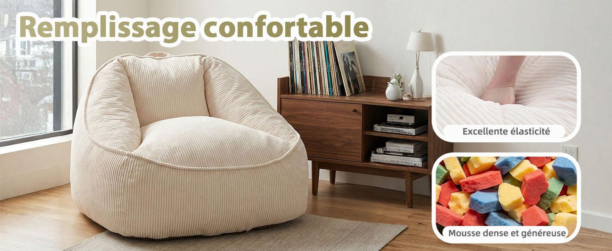 Pouf géant pour adulte, rembourrage en mousse déchiquetée, canapé de sol moelleux, forme poire, beige