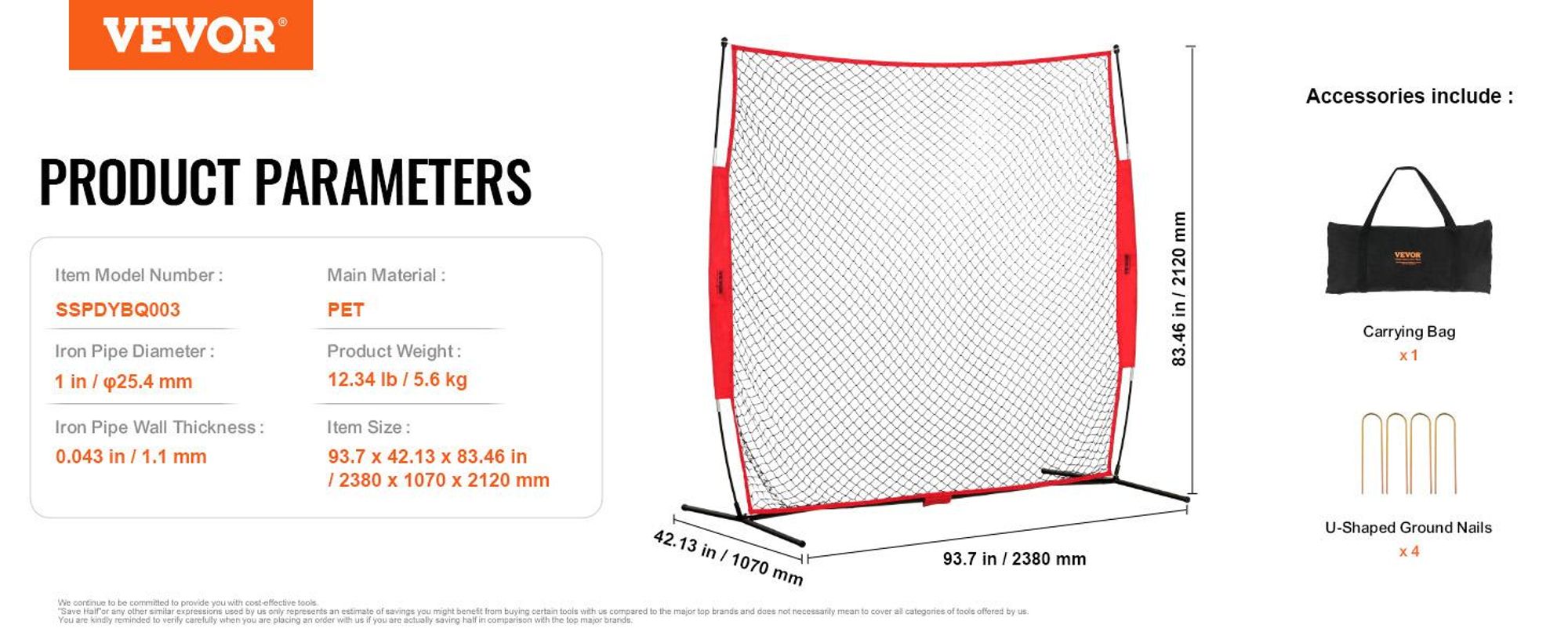 VEVOR Barricade Backstop Netz, 7x7 ft Ball Sport Barriere Netz, Tragbare Übungsgeräte mit Tragetasche, Schutzschirm für Baseball Softball Lacrosse Fußball Hockey Training, für den Garten