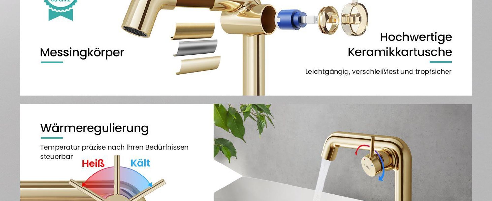 EMKE Einhebel-Waschtischarmatur, Badarmaturen 332x220x76mm , Wassersparend, Korrosionsschutz, Bleifreies Messing, Champagnergold