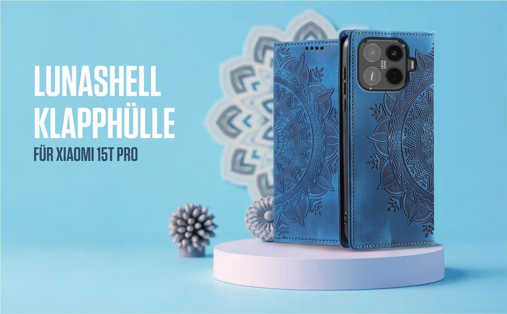 Blaue Klapphülle für Xiaomi 15T Pro mit feiner Mandala Prägung
