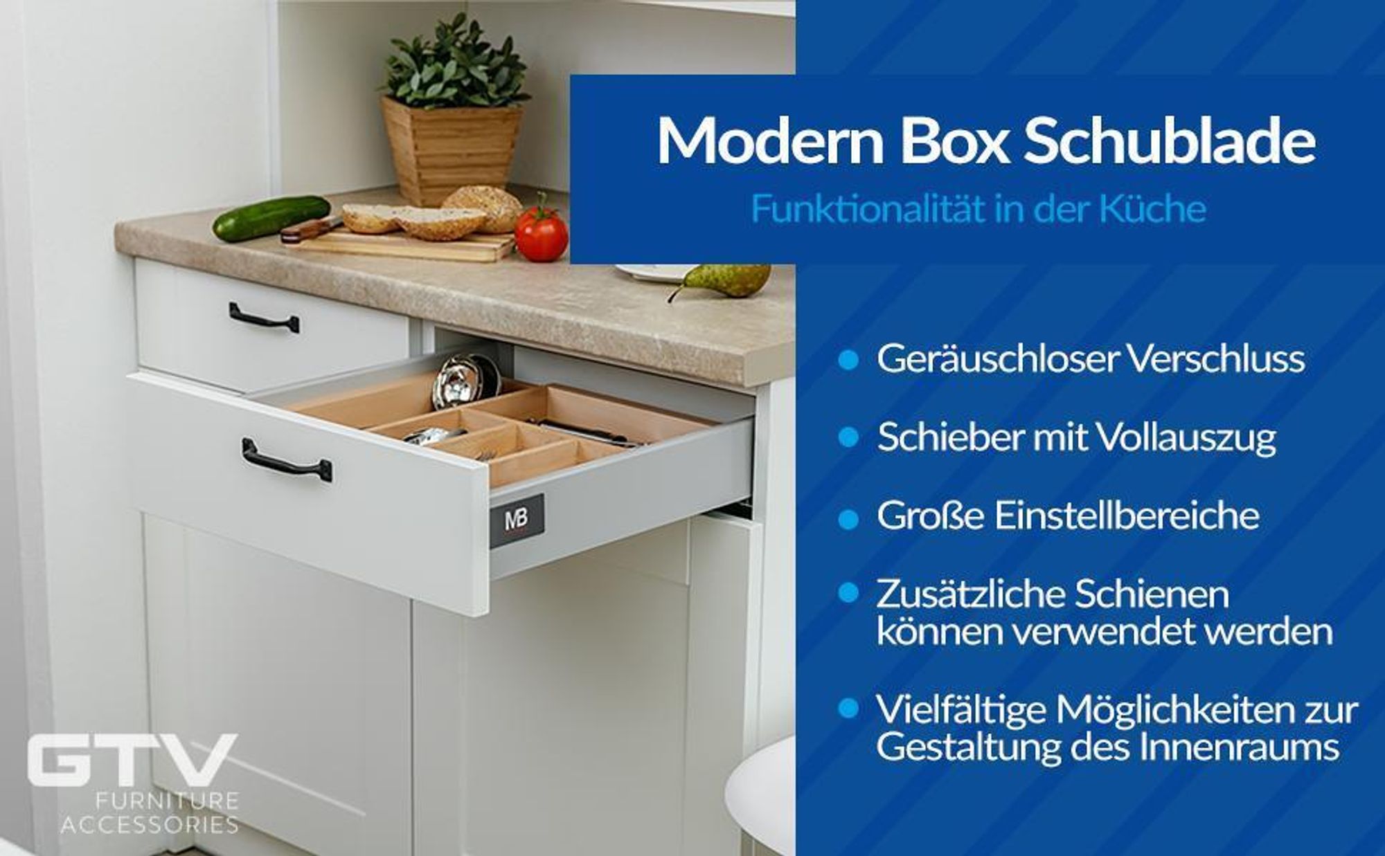GTV - Modern Box Schublade I L=350mm H=83 mm I Weiss I Leises Schließen I Belastung bis zu 40 kg I Einfache Installation I Synchronisation des Fahrweges der Führungen I PB-D-KPL350A1