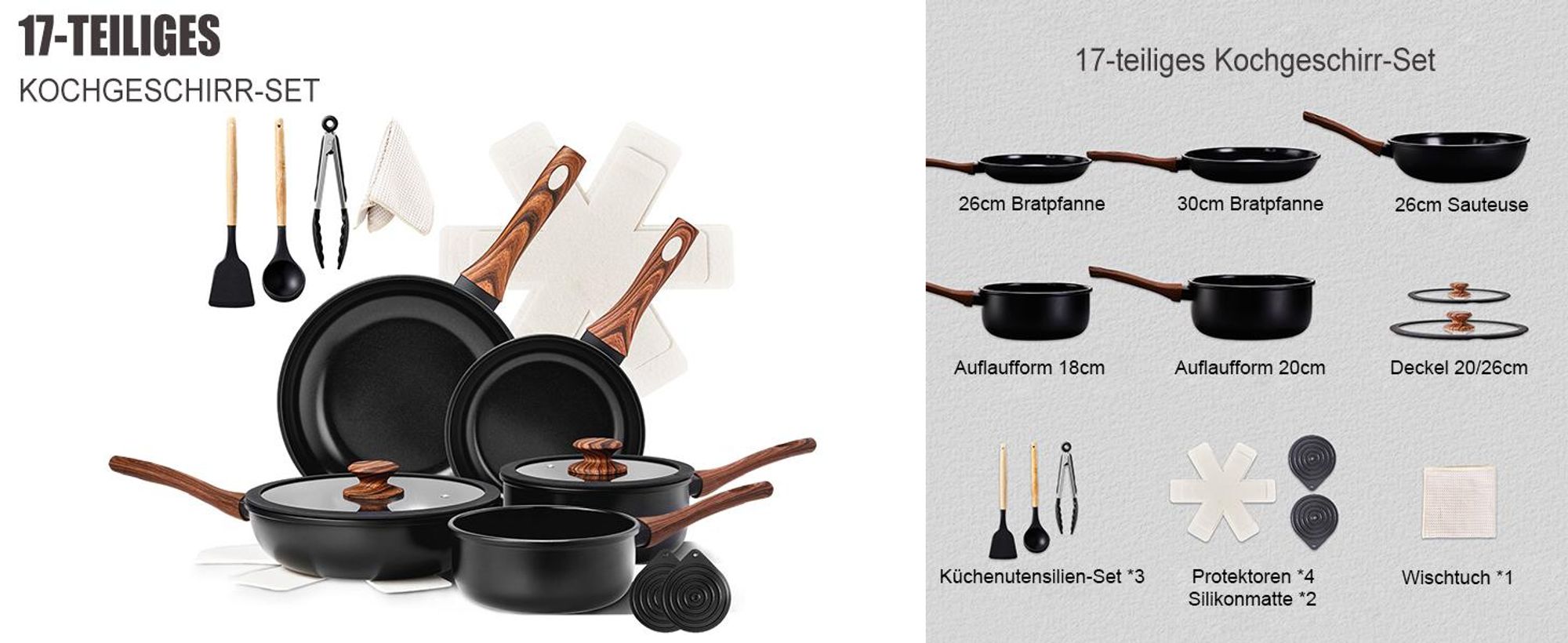 17 teiliges Aluminium Kochgeschirr Set mit 5 Töpfen, 2 Deckeln und zusammensetzbaren Griffen, keramische Beschichtung, schwarz