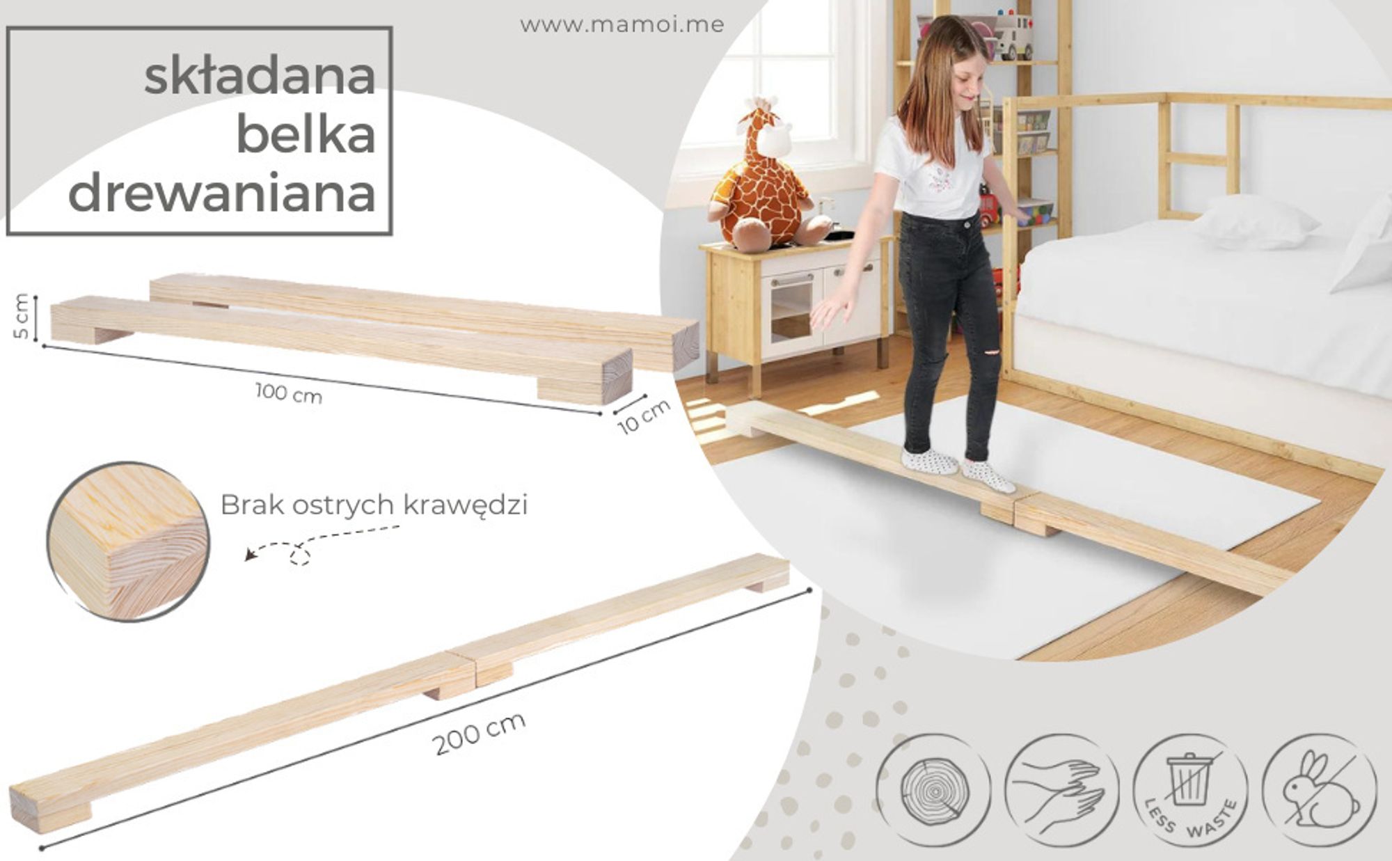 Faltender Schwebebalken für Kinder (207 cm) | Gepolsterte Turngeräte für Zuhause Anti-Rutsch Gymnastik Kinder | 100% ECO | EU