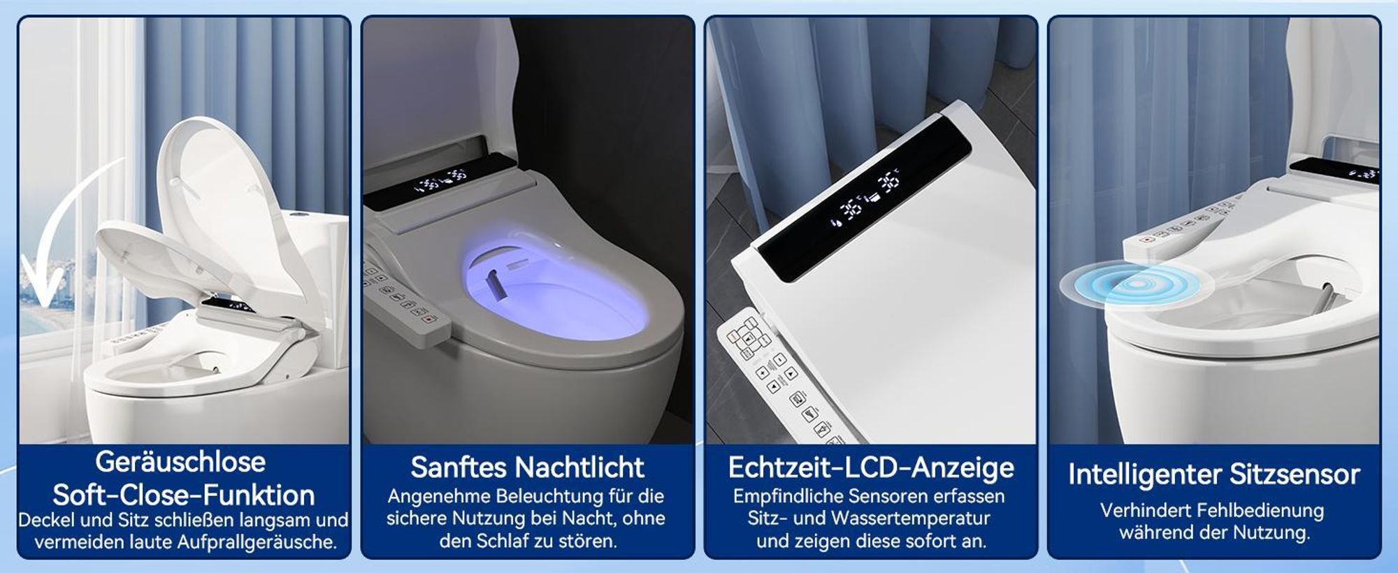 Puluomis Intelligenter Toilettensitz mit Warmwasser, Warmluft, Heizsitz, Duschfunktion, Trocknung, 4-Temperaturstufen, LCD-Display, Nachtlicht lang