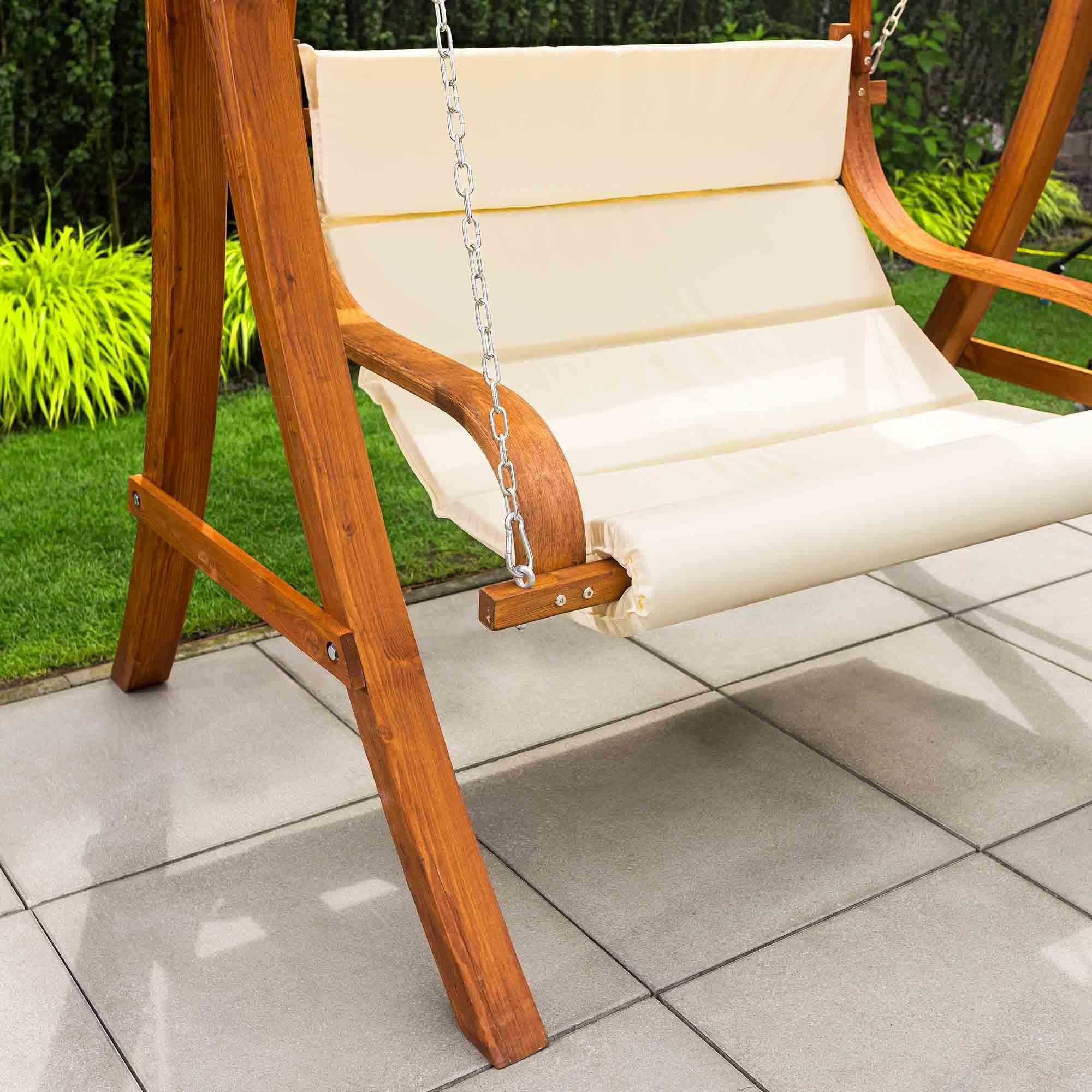 di volio Hollywoodschaukel Pergia creme, Gartenschaukel aus Holz, Outdoor Hängesessel mit Gestell für 2 Personen, mit Sonnendach, wetterfest & robust