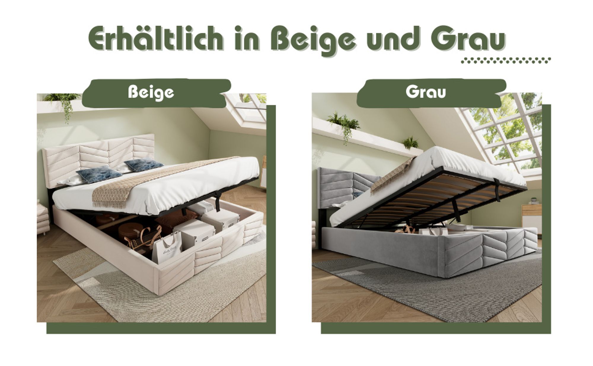 okwish Polsterbett Stauraumbett 140×200 cm mit Bettkasten, Doppelbett mit Lattenrost und höhenverstellbarem Kopfteil, Samt Beige,Ohne Matratze