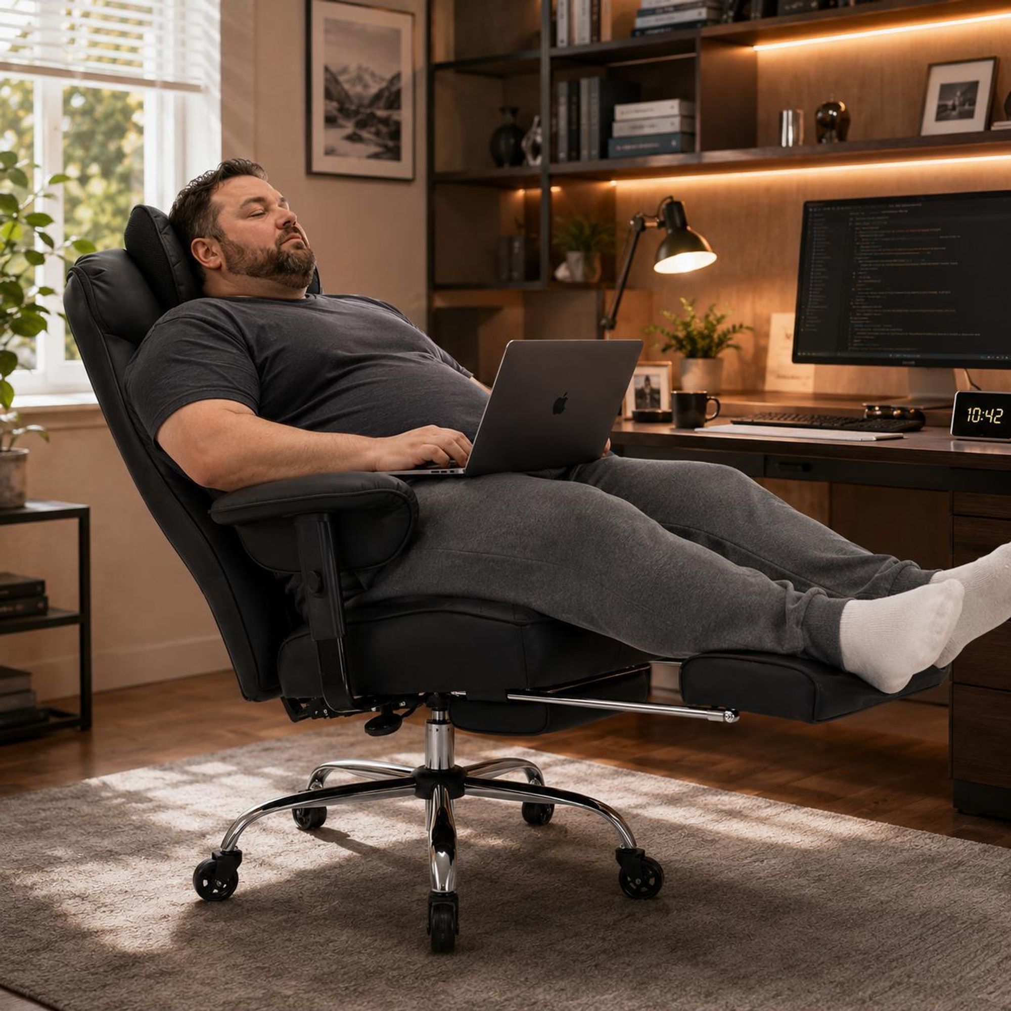 Ergonomischer Bürostuhl mit ausziehbarer Fußstütze zum Arbeiten und Zurücklehnen