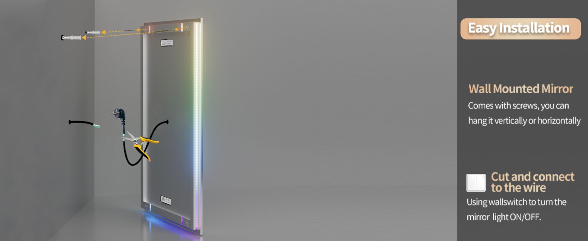 WISFOR LED Badspiegel mit Bluetooth Lautsprecher, 120×60cm RGB Wandspiegel Badezimmerspiegel mit Beleuchtung dimmbar Beschlagfrei Touchschalter