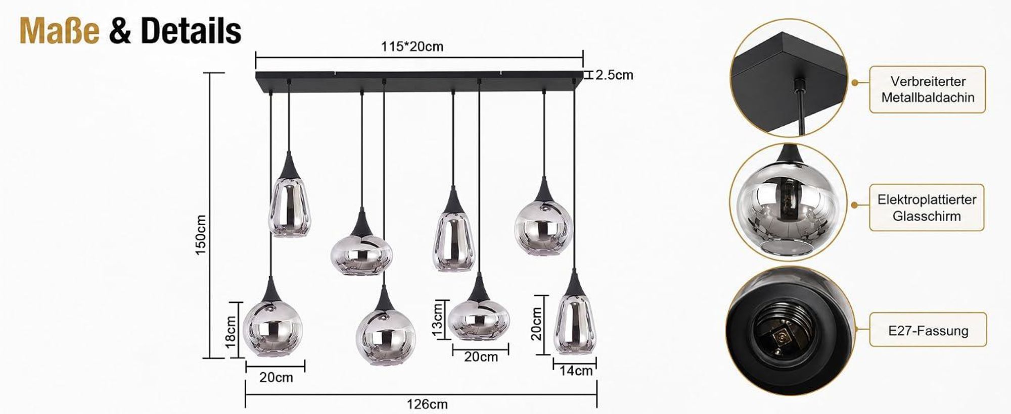 Lampada a sospensione ZMH, vetro, 126 cm, attacco E27, ideale per il soggiorno, 8 luci, lampada a sospensione per tavolo da pranzo, stile vintage, lampada da soggiorno, sfera di vetro, colore nero